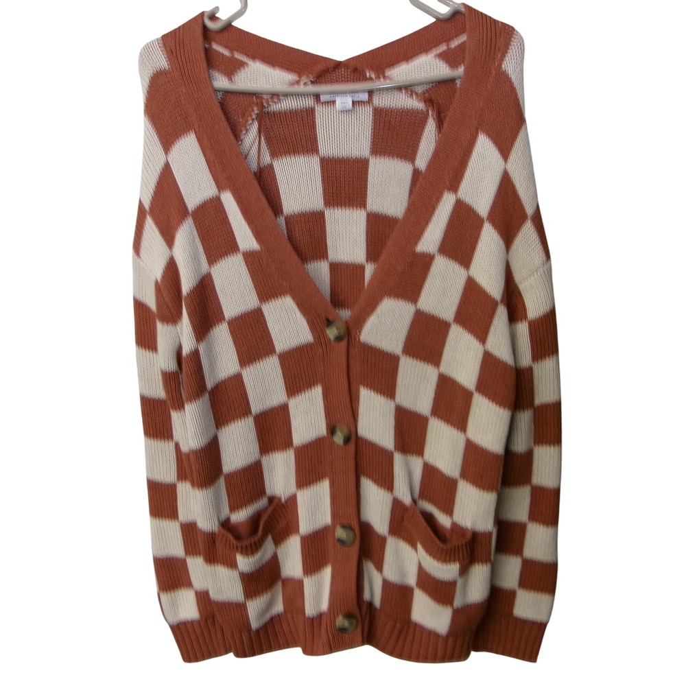 American Eagle Checkered Cardigan Rust Orange Cream Oversized V-Neck Sweater M